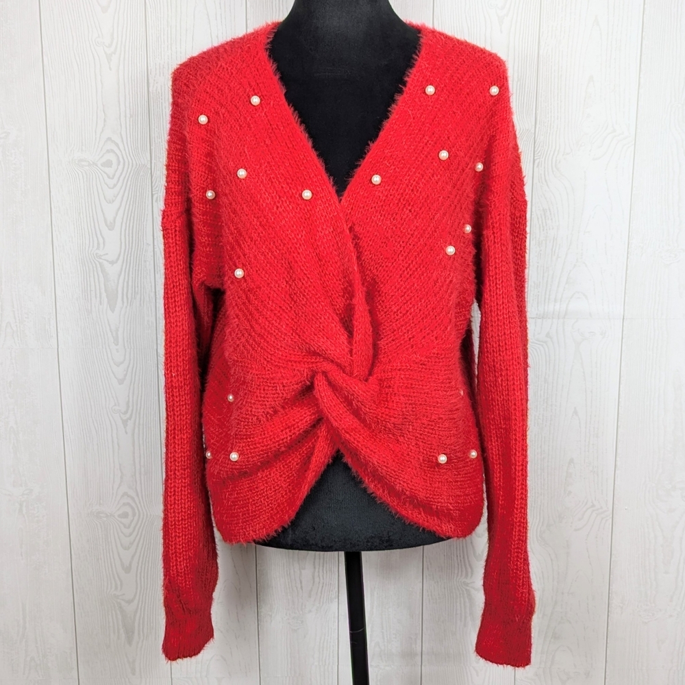 No Boundaries Sweater Women's Size XXL Crisscross Fuzzy Red with Beads Christmas